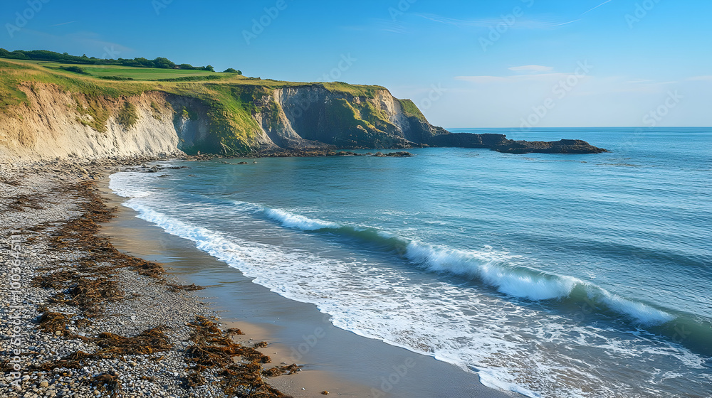 Obraz premium Coastal Cliffs and Blue Ocean Waves: A Stunning Realistic Landscape Image