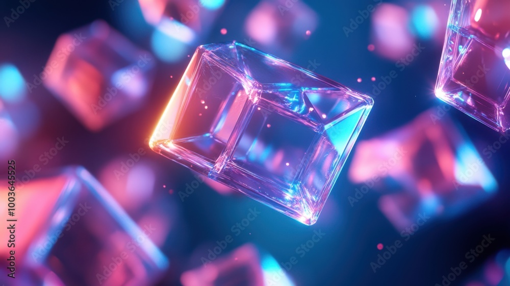 Floating holographic geometric shapes with soft, glowing edges and shifting patterns, creating Floating holographic geometric shapes with soft, glowing edges and shifting patterns, creating