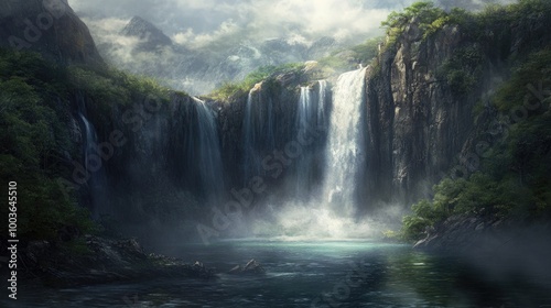A majestic waterfall cascading down rugged cliffs into a serene pool, surrounded by lush green forest and mist rising from the water.