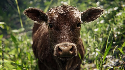 Animal red calf child cow farm agriculture photo