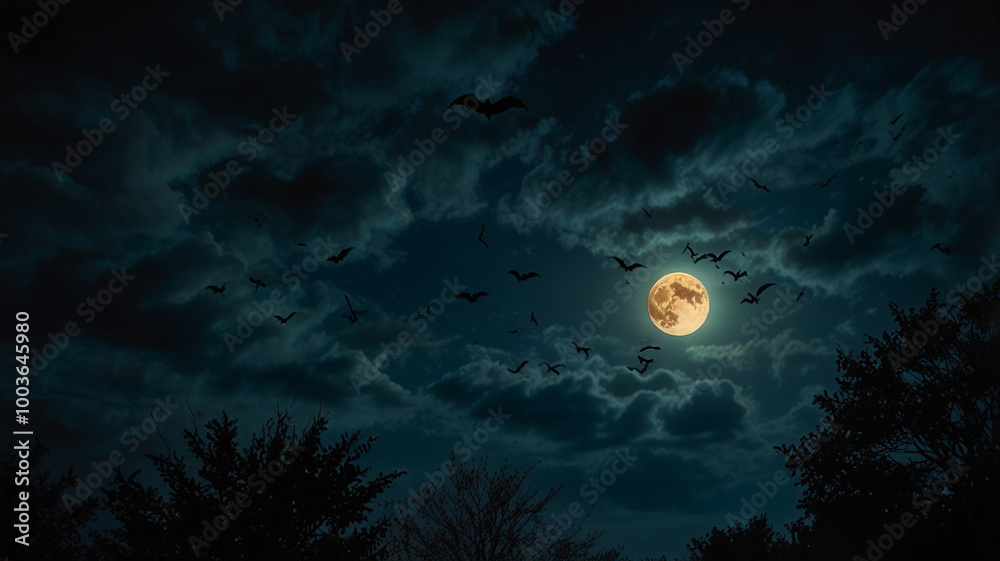 Full Moon Against a Dark Cloudy Sky with Bats