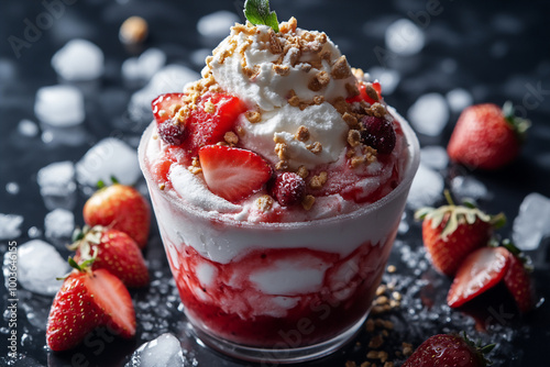 Close up of strawberry bingsu ice cream photo