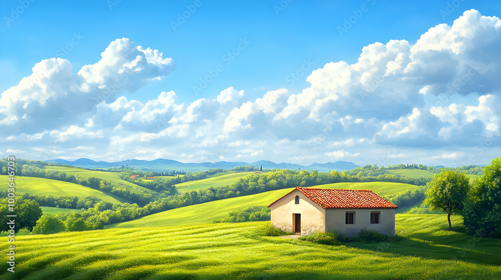 Obraz premium Small House on a Hilltop in a Green Field Illustration