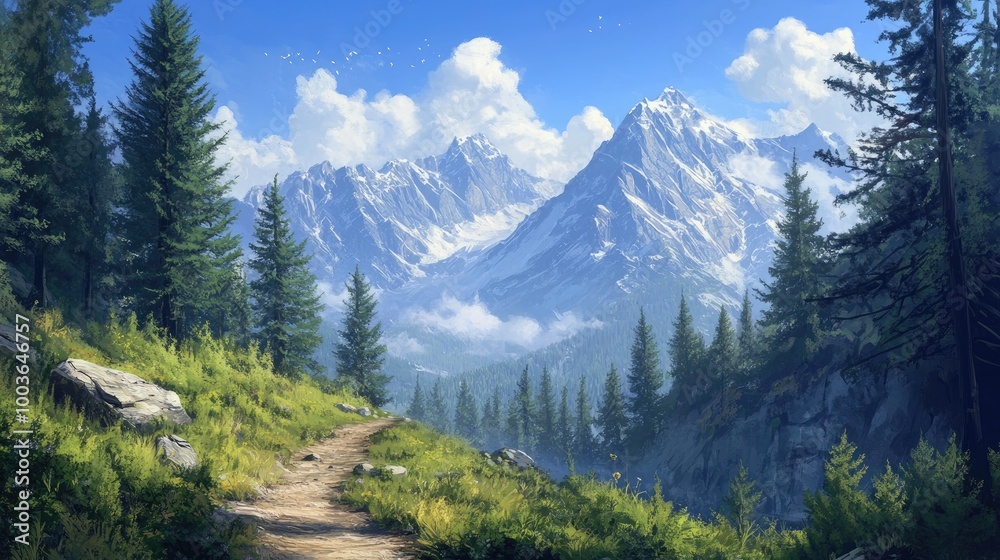 A mountain trail winding through dense pine forests, leading toward towering peaks in the distance under a bright blue sky. A mountain trail winding through dense pine forests, leading toward towering peaks in the distance under a bright blue sky.