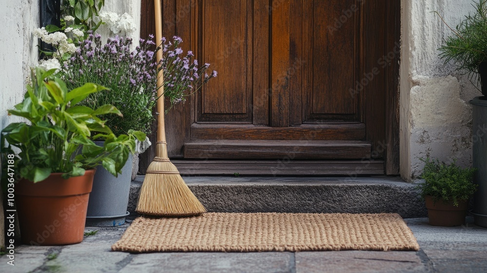 Fototapeta premium A neatly placed broom next to a front door, with a welcome mat and potted plants, ready for a daily clean.