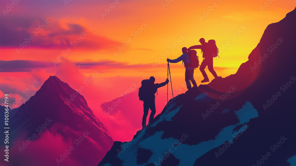 Hiker helping friend reach the mountain top, Generative Ai illustration
Hiker helping friend reach the mountain top, Generative Ai illustration