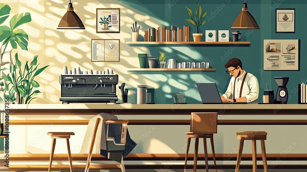 Man Working on a Laptop at a Coffee Shop Counter