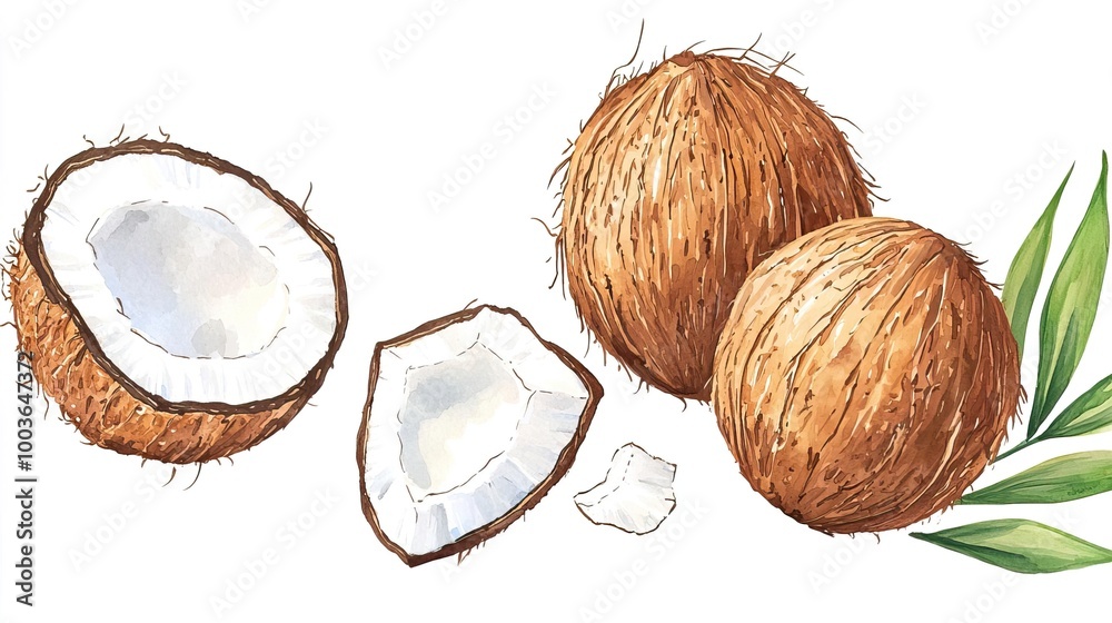 Watercolor clipart of a single coconut, isolate on white background Watercolor clipart of a single coconut, isolate on white background
