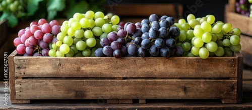 Three bunches of grapes - red, green, and blue - in a wooden crate.