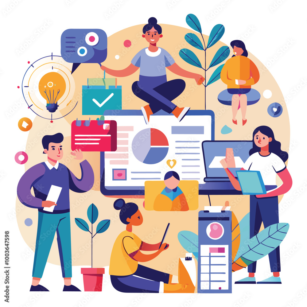 Creative Student Working on Laptop with Educational Tools Vector Art, Content Creator & Designer. Creative Student Working on Laptop with Educational Tools Vector Art, Content Creator & Designer.