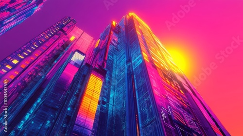 Wallpaper Mural Futuristic Neon Skyscrapers at Sunset with Vibrant Colors and Modern Architecture in a Cyberpunk Cityscape Torontodigital.ca