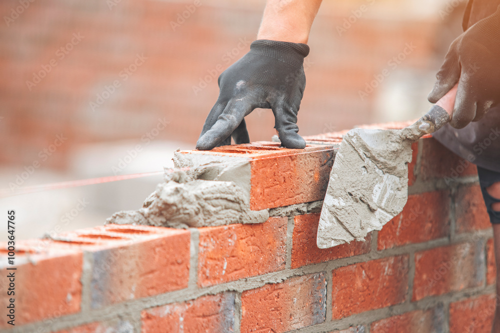 Fototapeta premium Skilled craftsman laying bricks for new wall in construction project during daylight hours