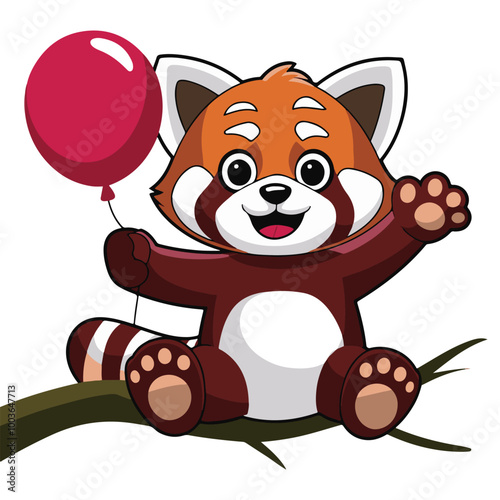 Adorable Red Panda sitting on a tree branch Cartoon Flat Style