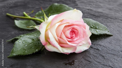 A pink rose with gentle drops of water on its petals, placed on a dark background, symbolizing purity and elegance.