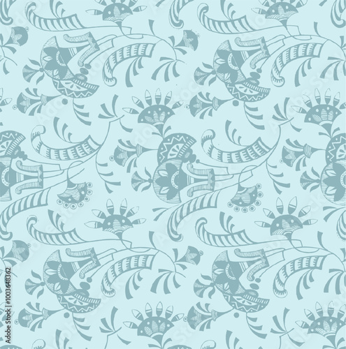  intricate teal floral pattern on a light blue background. , vintage design.