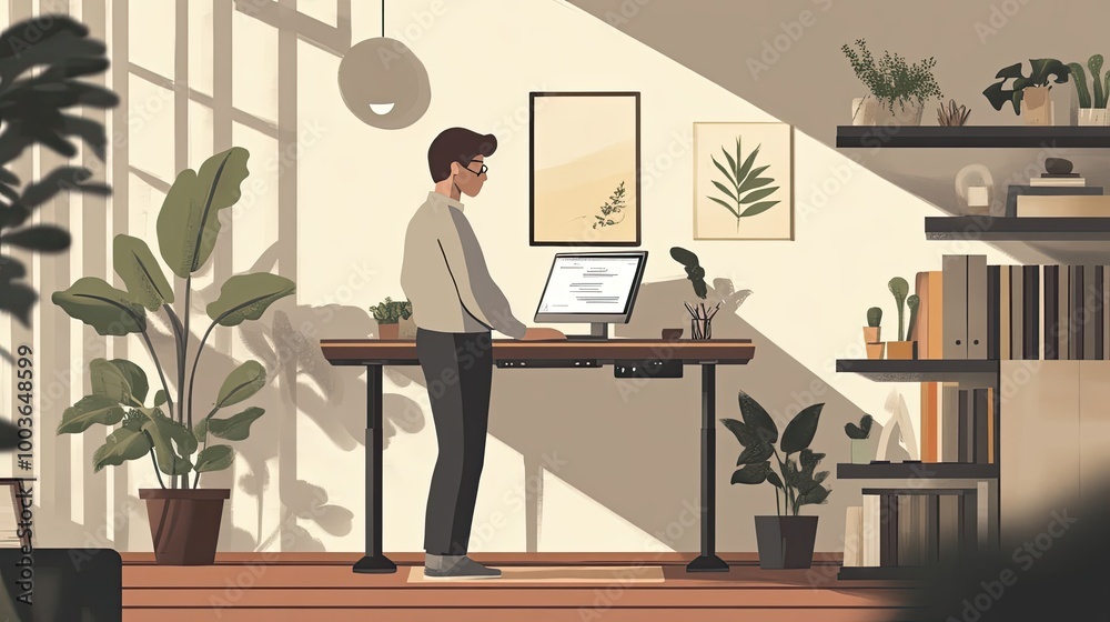 Man working at a standing desk in a modern home office Man working at a standing desk in a modern home office