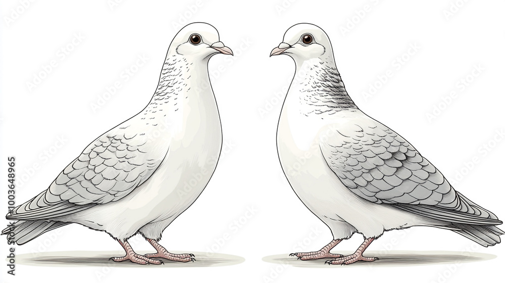 Fototapeta premium Two elegant white pigeons standing side by side, showcasing their delicate features and smooth feathers against a simple background.