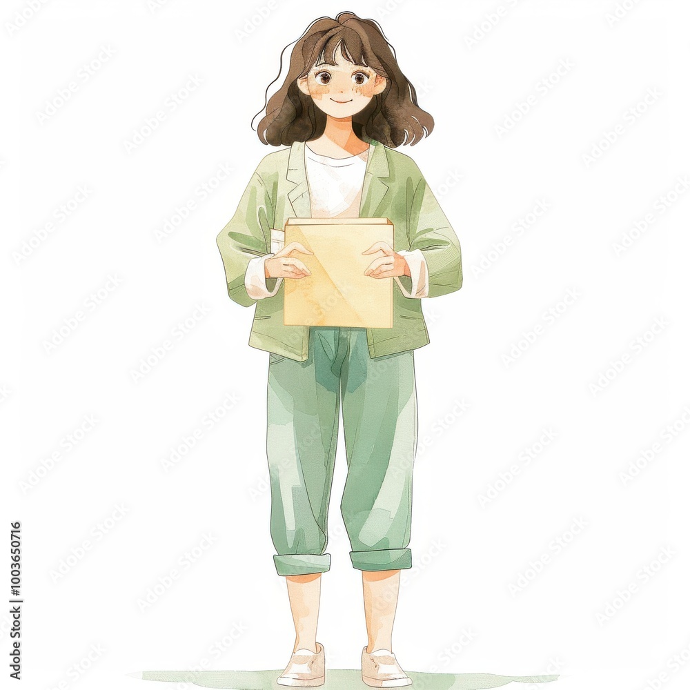 Fototapeta premium Minimalist cartoon-style clip art, full body cute woman holding a gift box, isolated on white background, watercolor style