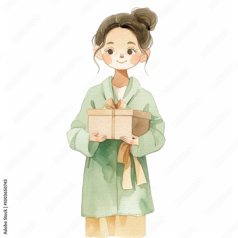 Minimalist cartoon-style clip art, full body cute woman holding a gift box, isolated on white background, watercolor style Minimalist cartoon-style clip art, full body cute woman holding a gift box, isolated on white background, watercolor style