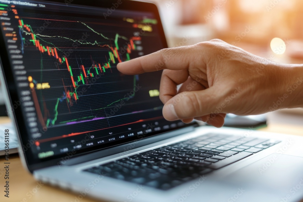Close-Up of Hand Pointing at Stock Market Chart on Laptop Screen, Focus on Candlestick Charts and Trading Data Close-Up of Hand Pointing at Stock Market Chart on Laptop Screen, Focus on Candlestick Charts and Trading Data