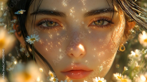 Close Up Portrait of a Woman with Sunbeams and Daisies