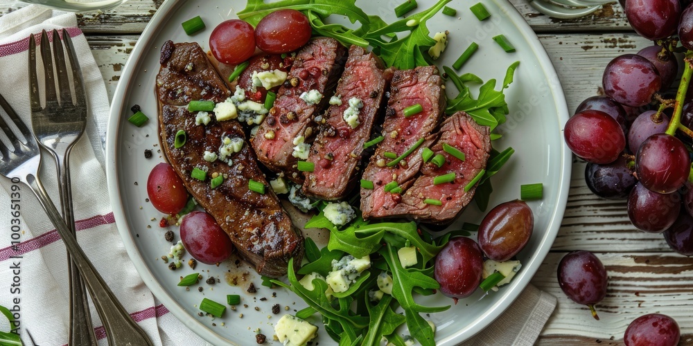 Close-up of a plate featuring a pan-seared beef steak accompanied by a red grape salad, topped with crumbled blue cheese and chives, presented on a white wooden table with utensils. Close-up of a plate featuring a pan-seared beef steak accompanied by a red grape salad, topped with crumbled blue cheese and chives, presented on a white wooden table with utensils.