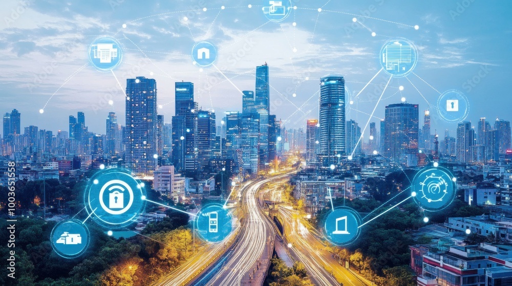 Fototapeta premium Smart City Network with Connected Devices and Buildings