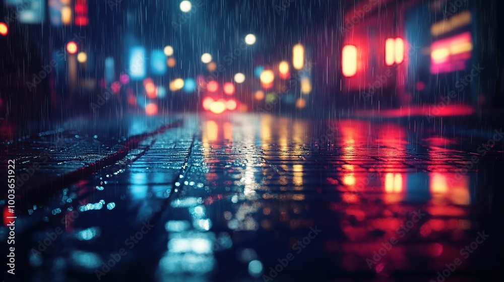 Rainy Urban Scene at Night with Colorful Lights Rainy Urban Scene at Night with Colorful Lights
