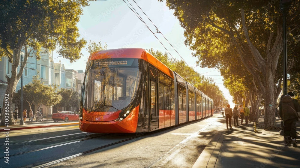 Obraz premium Modern Red Tram on a Street Lined with Trees