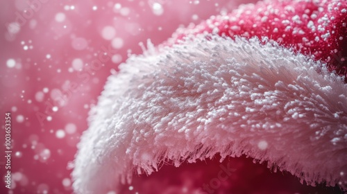 side view of santa clauss hat close-up, pastel pink backdrop, fluffy trim and curved top, light glow effect, artistic and festive style. photo