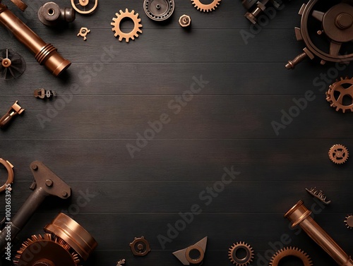 Steampunkinspired workshop with cogs, pipes, and gadgets flat design top view mechanical invention theme 3D render Complementary Color Scheme photo