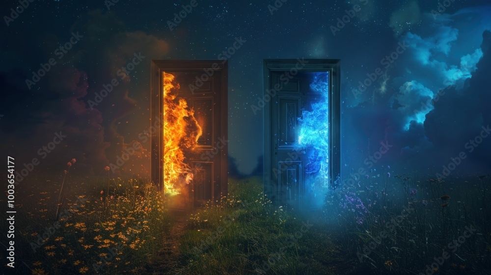 portals, fire, ice, doors, surrealism, nature, contrast, imaginative, fantasy, magical landscape, vibrant colors, night sky, mystical scene, choice, duality, exploration, ethereal beauty Two doors s portals, fire, ice, doors, surrealism, nature, contrast, imaginative, fantasy, magical landscape, vibrant colors, night sky, mystical scene, choice, duality, exploration, ethereal beauty Two doors s