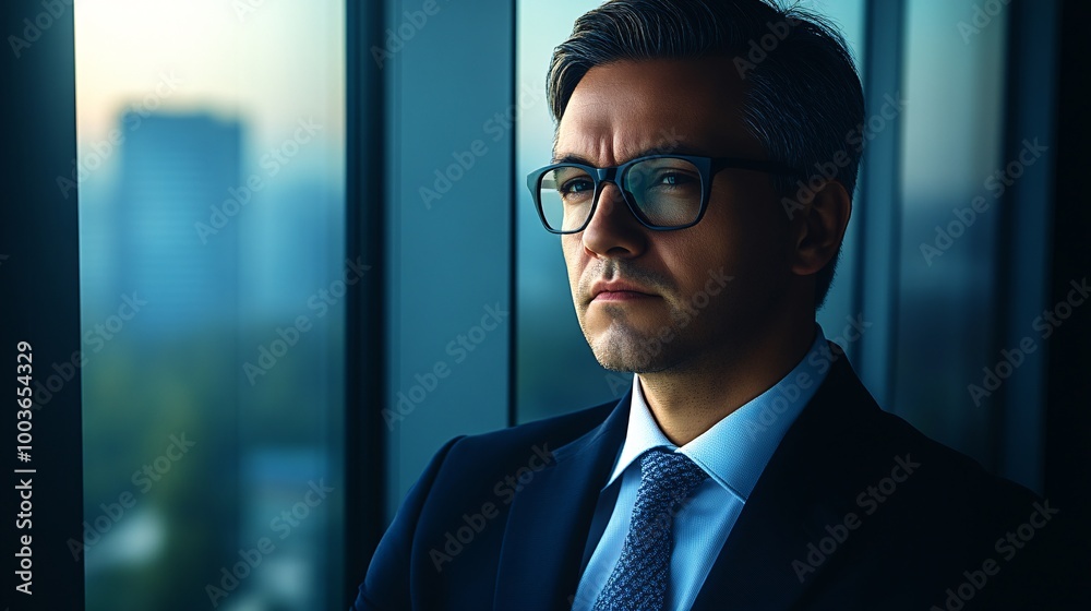 A businessman executive in deep thought, in deep blue background A businessman executive in deep thought, in deep blue background