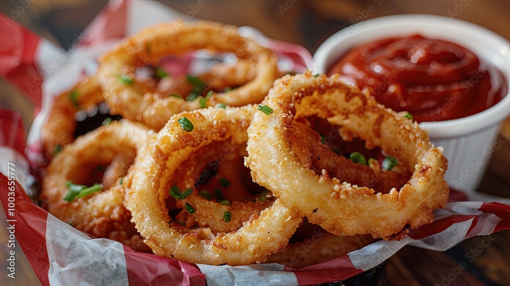 A basket of golden, crispy onion rings with a side of tangy dipping sauce A basket of golden, crispy onion rings with a side of tangy dipping sauce