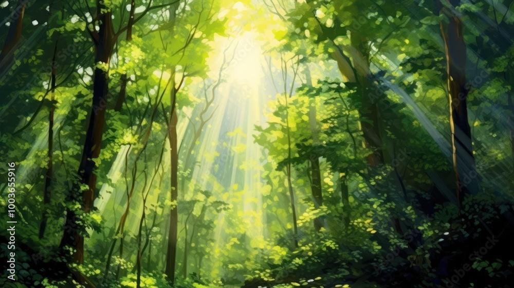 Obraz premium Sunlight Filtering Through a Lush Forest