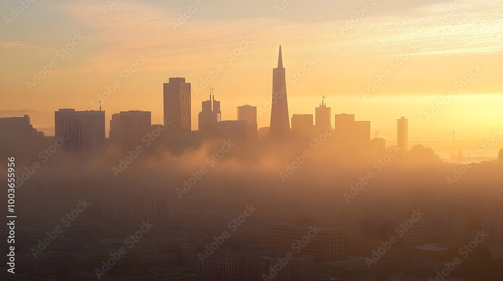 a city skyline at sunrise or sunset, with the sun casting a warm golden light over the scene. The buildings are silhouetted against the sky, with one prominent tall building that has a pointed top a city skyline at sunrise or sunset, with the sun casting a warm golden light over the scene. The buildings are silhouetted against the sky, with one prominent tall building that has a pointed top