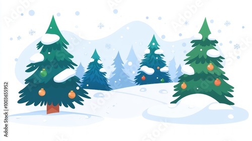 A picturesque winter scene features several evergreen trees adorned with colorful ornaments, surrounded by a snowy landscape, capturing the essence of Christmas