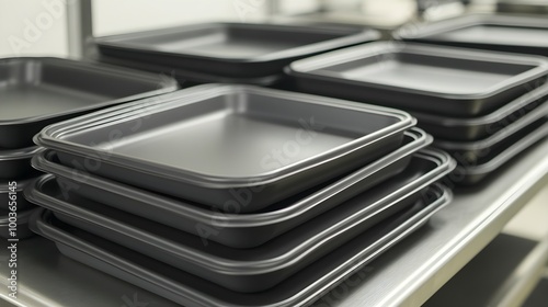  a stack of square baking trays or pans. They are made of metal and have a non-stick surface, with slightly raised edges. The trays are neatly stacked on a metal shelf, with several stacks visible