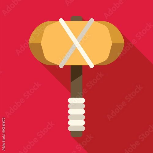 Prehistoric stone age hammer tied with rope on red background with long shadow