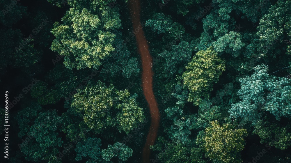Overhead view of a lush forest with a clear, meandering path and a canopy of tall trees Overhead view of a lush forest with a clear, meandering path and a canopy of tall trees