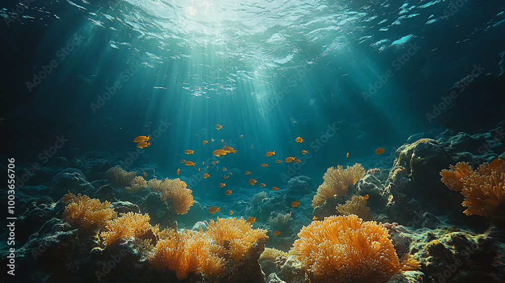 Fototapeta premium underwater coral reef with sunbeams and fish