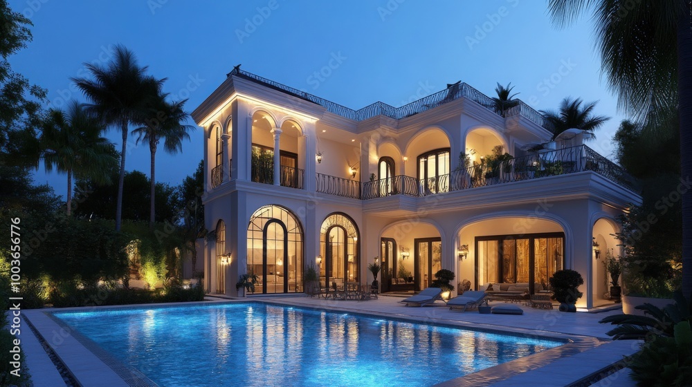 Fototapeta premium Luxurious Pool Villa Lit up for a Vibrant Night