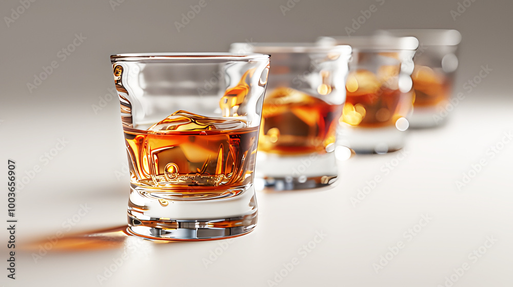 Yellow Amber whiskey in glass luxurious with ice on sunlight shines through blurred background with light and shadow. Celebrating various festivals. Realistic drink alcohol template pattern. Yellow Amber whiskey in glass luxurious with ice on sunlight shines through blurred background with light and shadow. Celebrating various festivals. Realistic drink alcohol template pattern.