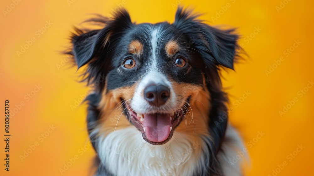 Smiling dog with happy expression face Isolated on Yellow background Smiling dog with happy expression face Isolated on Yellow background