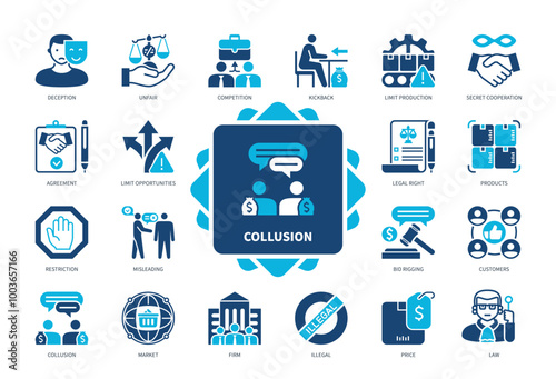 Collusion icon set. Deception, Kickback, Misleading, Bid Rigging, Illegal, Restriction, Competition, Firm. Duotone color solid icons