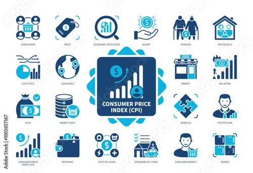 Consumer Price Index CPI icon set. Statistics, Price, Household, Inflation, Spending, Cost, Salary, Pension. Duotone color solid icons