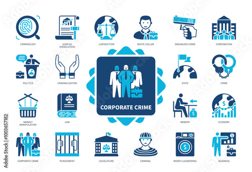 Corporate Crime icon set. Criminology, Punishment, Legislature, Bribery, Law, Politics, Criminalization, State. Duotone color solid icons