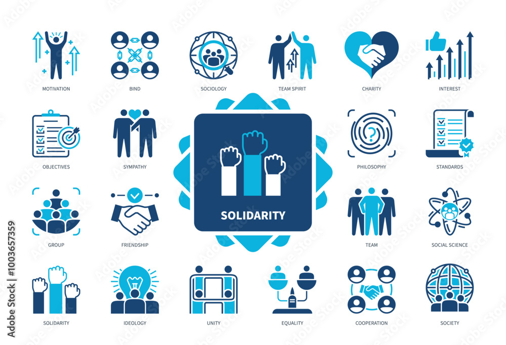 Solidarity icon set. Motivation, Team Spirit, Charity, Ideology, Cooperation, Interest, Sociology, Sympathy. Duotone color solid icons Solidarity icon set. Motivation, Team Spirit, Charity, Ideology, Cooperation, Interest, Sociology, Sympathy. Duotone color solid icons