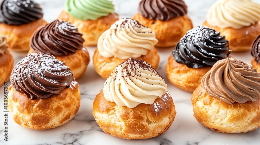 Assorted choux cream puffs with vanilla, chocolate, and matcha fillings, arranged on a marble surface with elegant styling, choux cream, gourmet dessert Assorted choux cream puffs with vanilla, chocolate, and matcha fillings, arranged on a marble surface with elegant styling, choux cream, gourmet dessert