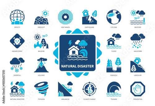Natural Disaster icon set. Hailstorm, Typhoon, Landslide, Volcano, Avalanche, Heat Waves, Tsunami, Earthquake. Duotone color solid icons